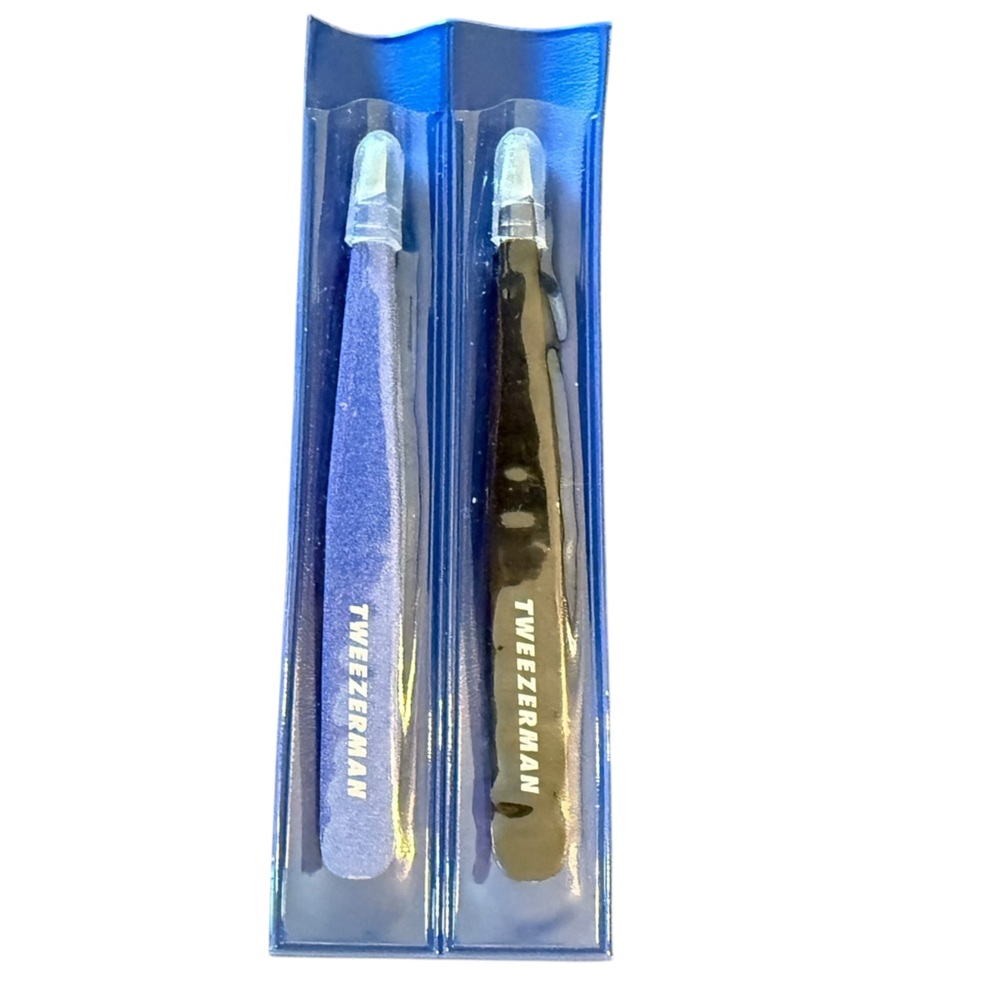 TWEEZERMAN Slanted Tweezers, Pack of 2, Black & Blue